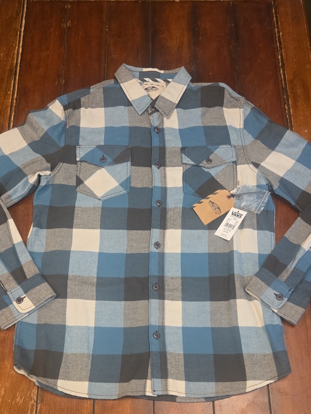Vans Men's Blue and White Plaid Long-Sleeve Button-Down Shirt